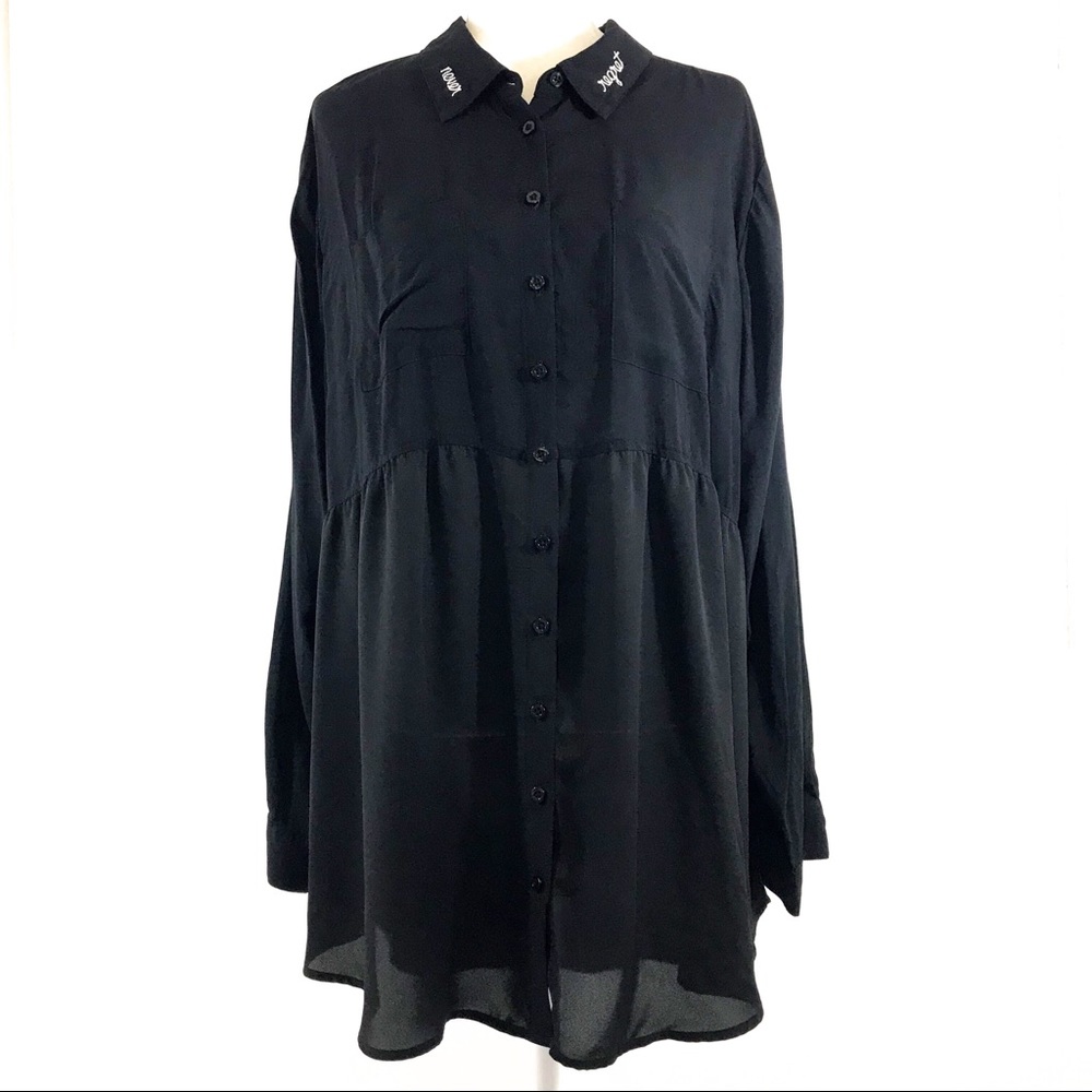Button-Front Black Babydoll Shirt  Embroidered Collar